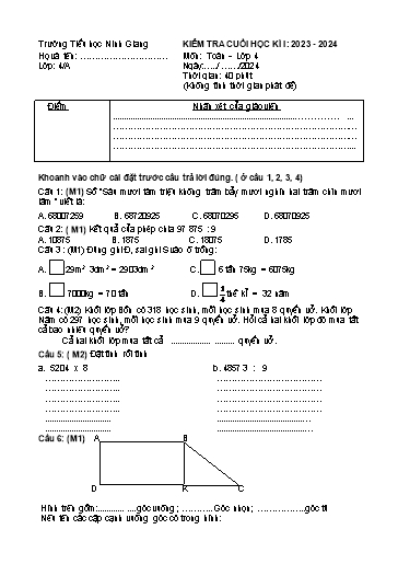 Đề kiểm tra cuối học kì 1 các môn Tiểu học Lớp 4A - Năm học 2023-2024 - Trường Tiểu Học Ninh Giang (Có đáp án + Ma trận)