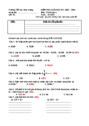 Đề kiểm tra cuối học kì 1 các môn Tiểu học Lớp 5C - Năm học 2023-2024 - Trường Tiểu Học Ninh Giang (Có đáp án + Ma trận)