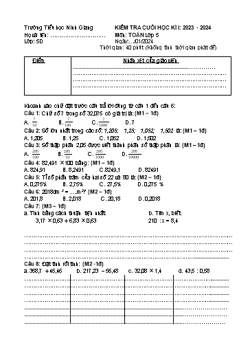 Đề kiểm tra cuối học kì 1 các môn Tiểu học Lớp 5D - Năm học 2023-2024 - Trường Tiểu Học Ninh Giang (Có đáp án + Ma trận)